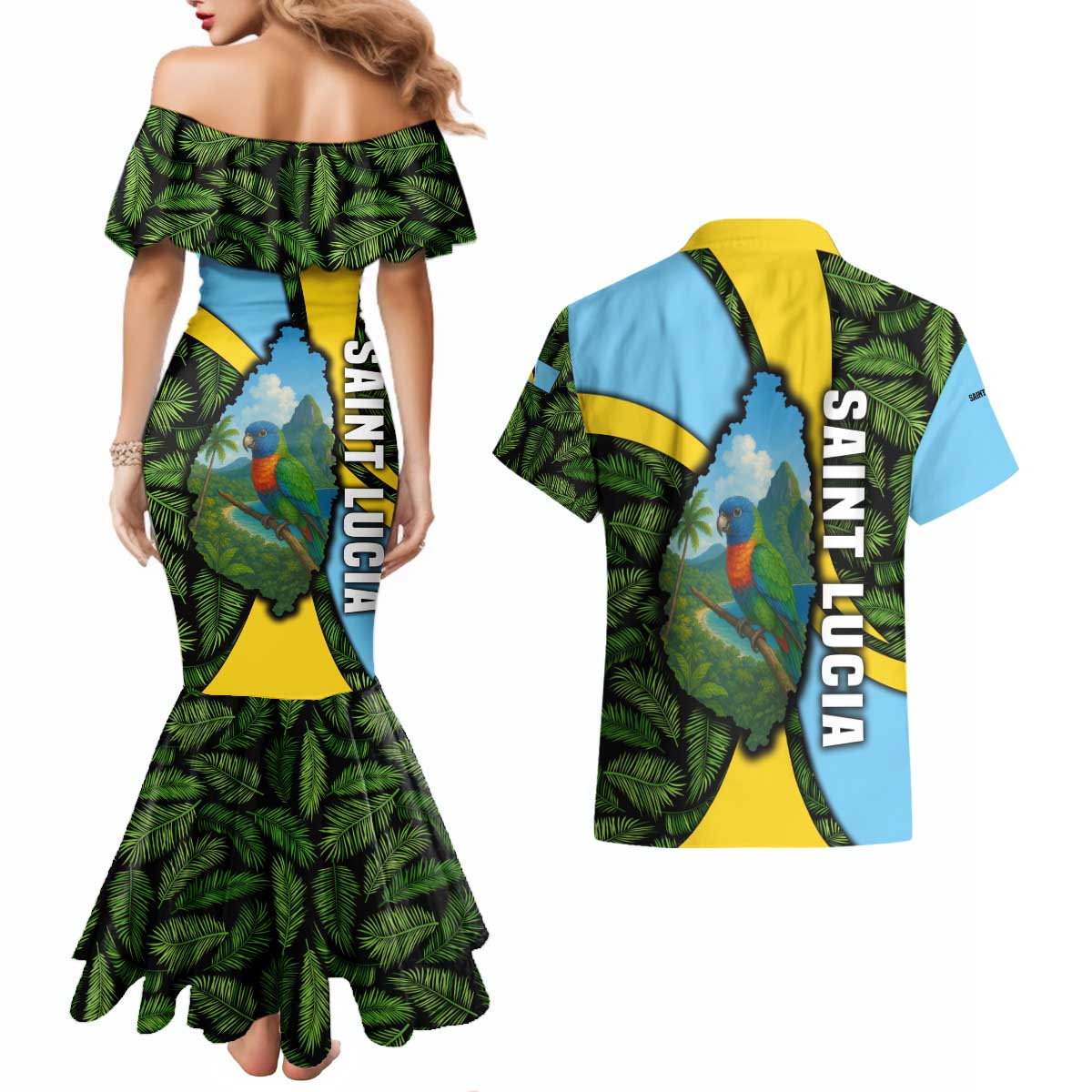 Saint Lucia Parrot Couples Matching Mermaid Dress and Hawaiian Shirt with Tropical Palm Leaf and Flag Color Wave Design - Wonder Print Shop