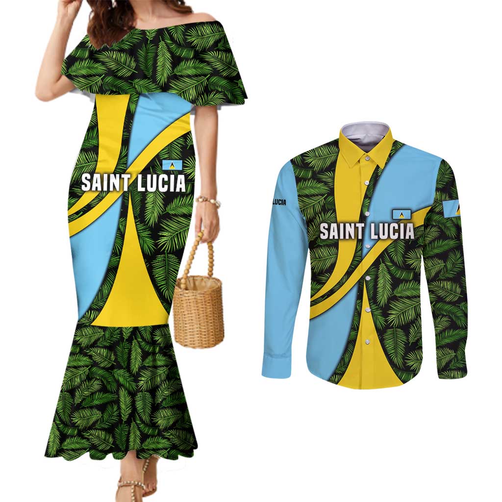 Saint Lucia Parrot Couples Matching Mermaid Dress and Long Sleeve Button Shirt with Tropical Palm Leaf and Flag Color Wave Design - Wonder Print Shop