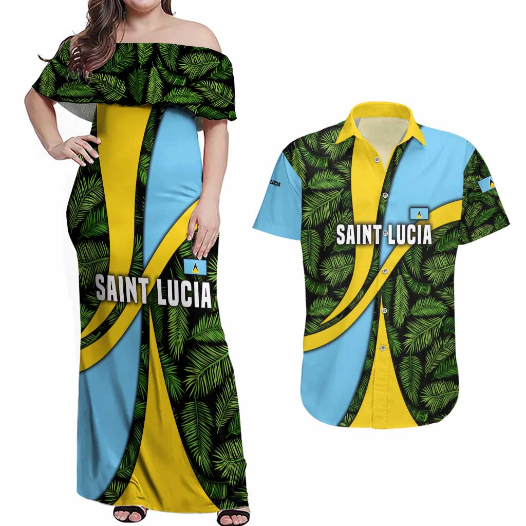 Saint Lucia Parrot Couples Matching Off Shoulder Maxi Dress and Hawaiian Shirt with Tropical Palm Leaf and Flag Color Wave Design - Wonder Print Shop