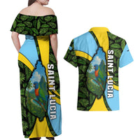 Saint Lucia Parrot Couples Matching Off Shoulder Maxi Dress and Hawaiian Shirt with Tropical Palm Leaf and Flag Color Wave Design - Wonder Print Shop