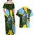 Saint Lucia Parrot Couples Matching Off Shoulder Maxi Dress and Hawaiian Shirt with Tropical Palm Leaf and Flag Color Wave Design - Wonder Print Shop