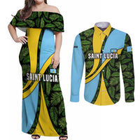 Saint Lucia Parrot Couples Matching Off Shoulder Maxi Dress and Long Sleeve Button Shirt with Tropical Palm Leaf and Flag Color Wave Design - Wonder Print Shop