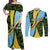 Saint Lucia Parrot Couples Matching Off Shoulder Maxi Dress and Long Sleeve Button Shirt with Tropical Palm Leaf and Flag Color Wave Design - Wonder Print Shop