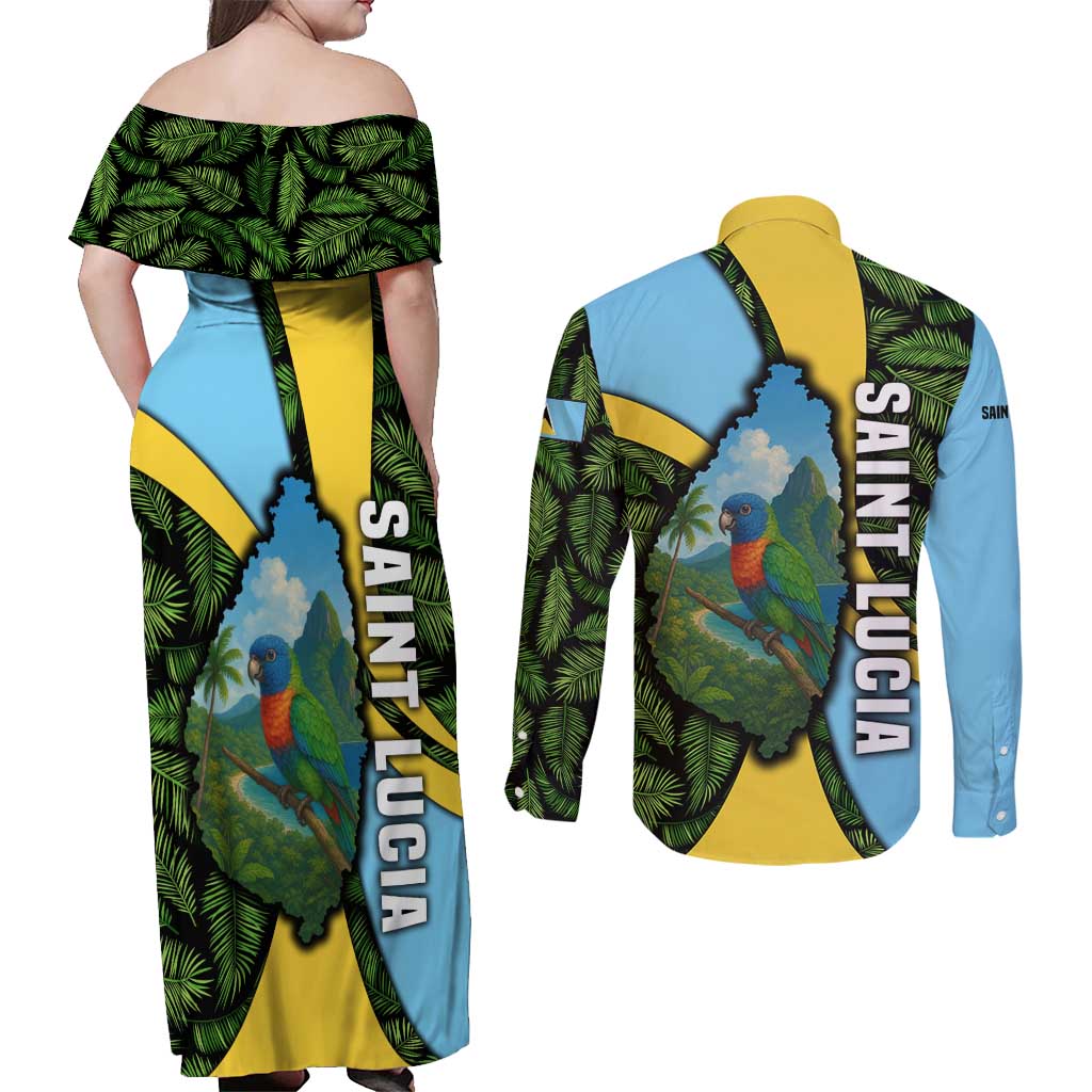 Saint Lucia Parrot Couples Matching Off Shoulder Maxi Dress and Long Sleeve Button Shirt with Tropical Palm Leaf and Flag Color Wave Design - Wonder Print Shop