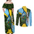 Saint Lucia Parrot Couples Matching Off Shoulder Maxi Dress and Long Sleeve Button Shirt with Tropical Palm Leaf and Flag Color Wave Design - Wonder Print Shop