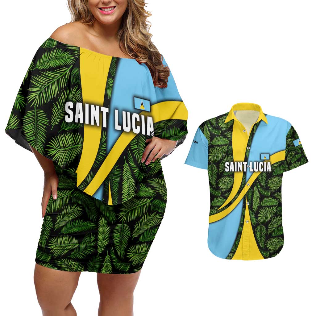 Saint Lucia Parrot Couples Matching Off Shoulder Short Dress and Hawaiian Shirt with Tropical Palm Leaf and Flag Color Wave Design - Wonder Print Shop