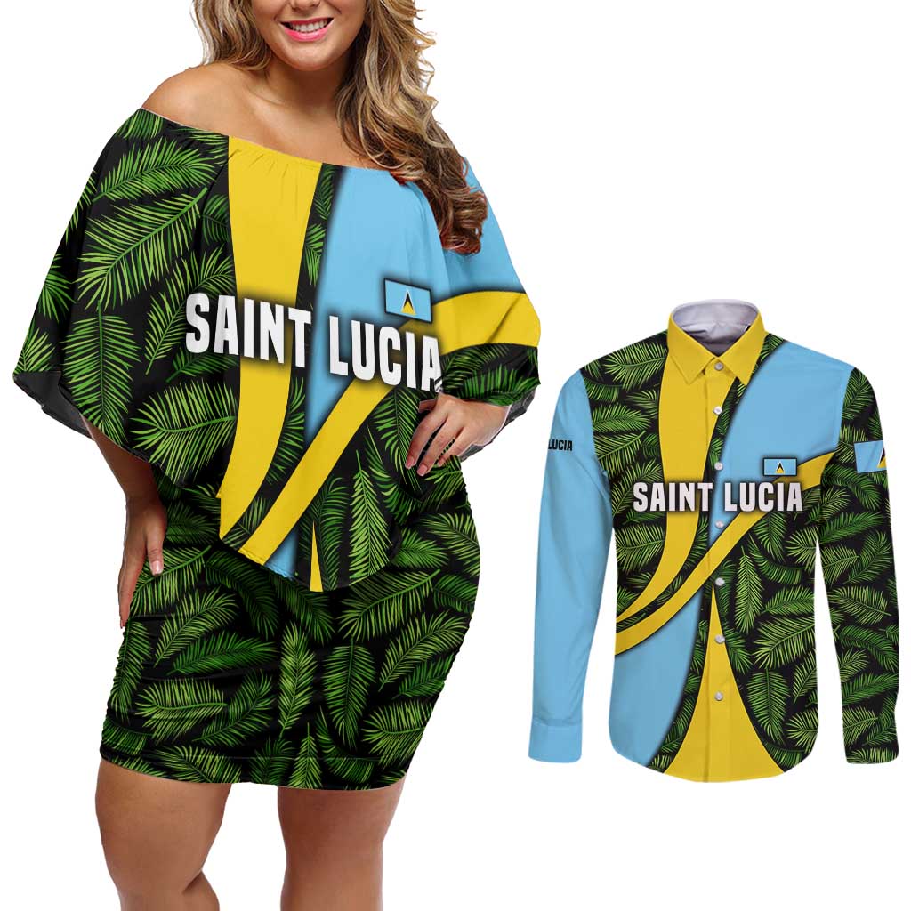 Saint Lucia Parrot Couples Matching Off Shoulder Short Dress and Long Sleeve Button Shirt with Tropical Palm Leaf and Flag Color Wave Design - Wonder Print Shop