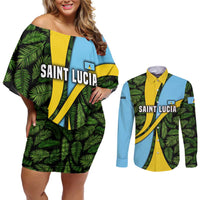 Saint Lucia Parrot Couples Matching Off Shoulder Short Dress and Long Sleeve Button Shirt with Tropical Palm Leaf and Flag Color Wave Design - Wonder Print Shop