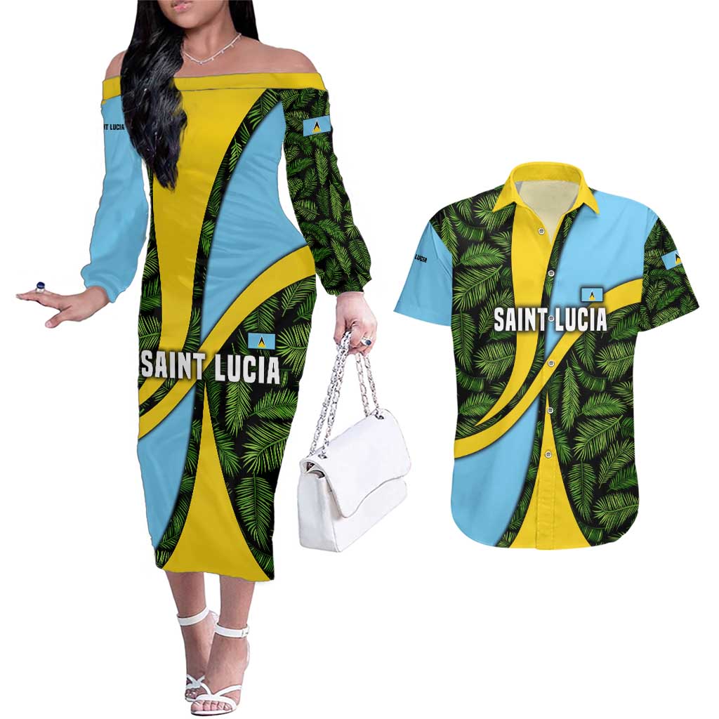 Saint Lucia Parrot Couples Matching Off The Shoulder Long Sleeve Dress and Hawaiian Shirt with Tropical Palm Leaf and Flag Color Wave Design - Wonder Print Shop