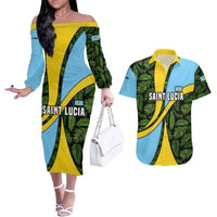 Saint Lucia Parrot Couples Matching Off The Shoulder Long Sleeve Dress and Hawaiian Shirt with Tropical Palm Leaf and Flag Color Wave Design - Wonder Print Shop