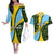 Saint Lucia Parrot Couples Matching Off The Shoulder Long Sleeve Dress and Hawaiian Shirt with Tropical Palm Leaf and Flag Color Wave Design - Wonder Print Shop