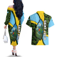 Saint Lucia Parrot Couples Matching Off The Shoulder Long Sleeve Dress and Hawaiian Shirt with Tropical Palm Leaf and Flag Color Wave Design - Wonder Print Shop