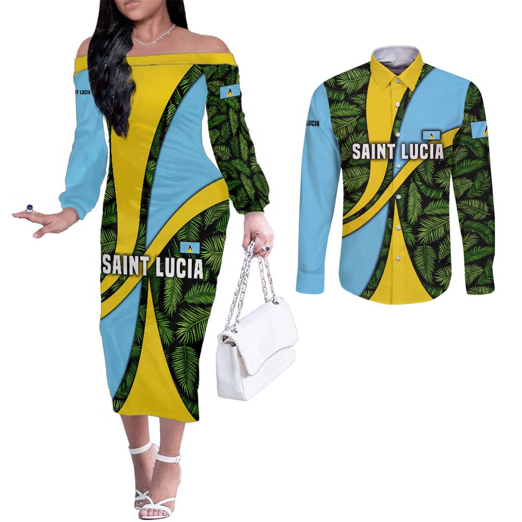 Saint Lucia Parrot Couples Matching Off The Shoulder Long Sleeve Dress and Long Sleeve Button Shirt with Tropical Palm Leaf and Flag Color Wave Design - Wonder Print Shop