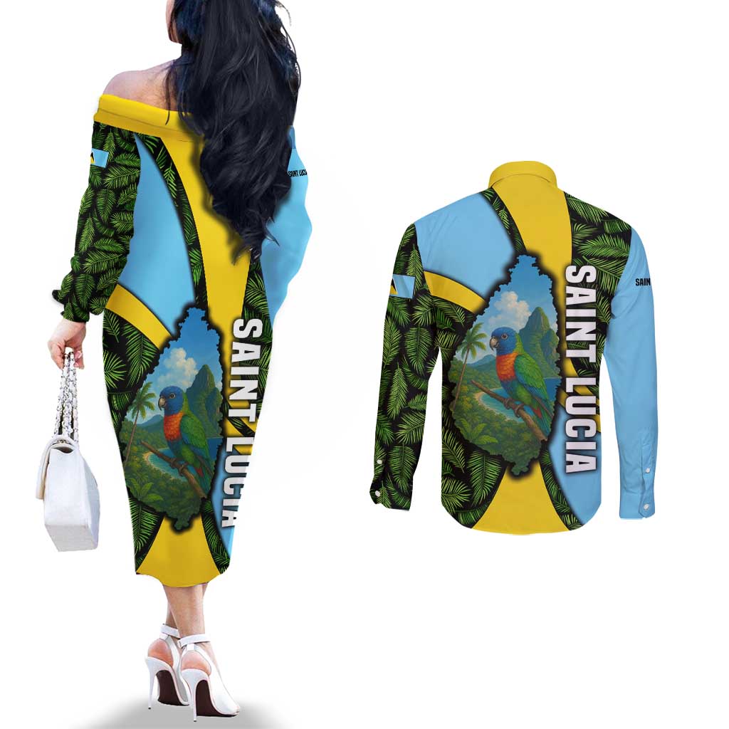 Saint Lucia Parrot Couples Matching Off The Shoulder Long Sleeve Dress and Long Sleeve Button Shirt with Tropical Palm Leaf and Flag Color Wave Design - Wonder Print Shop