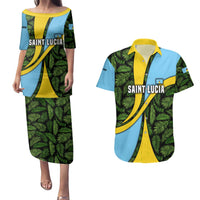 Saint Lucia Parrot Couples Matching Puletasi and Hawaiian Shirt with Tropical Palm Leaf and Flag Color Wave Design - Wonder Print Shop