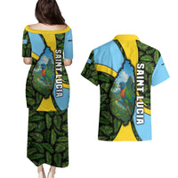Saint Lucia Parrot Couples Matching Puletasi and Hawaiian Shirt with Tropical Palm Leaf and Flag Color Wave Design - Wonder Print Shop