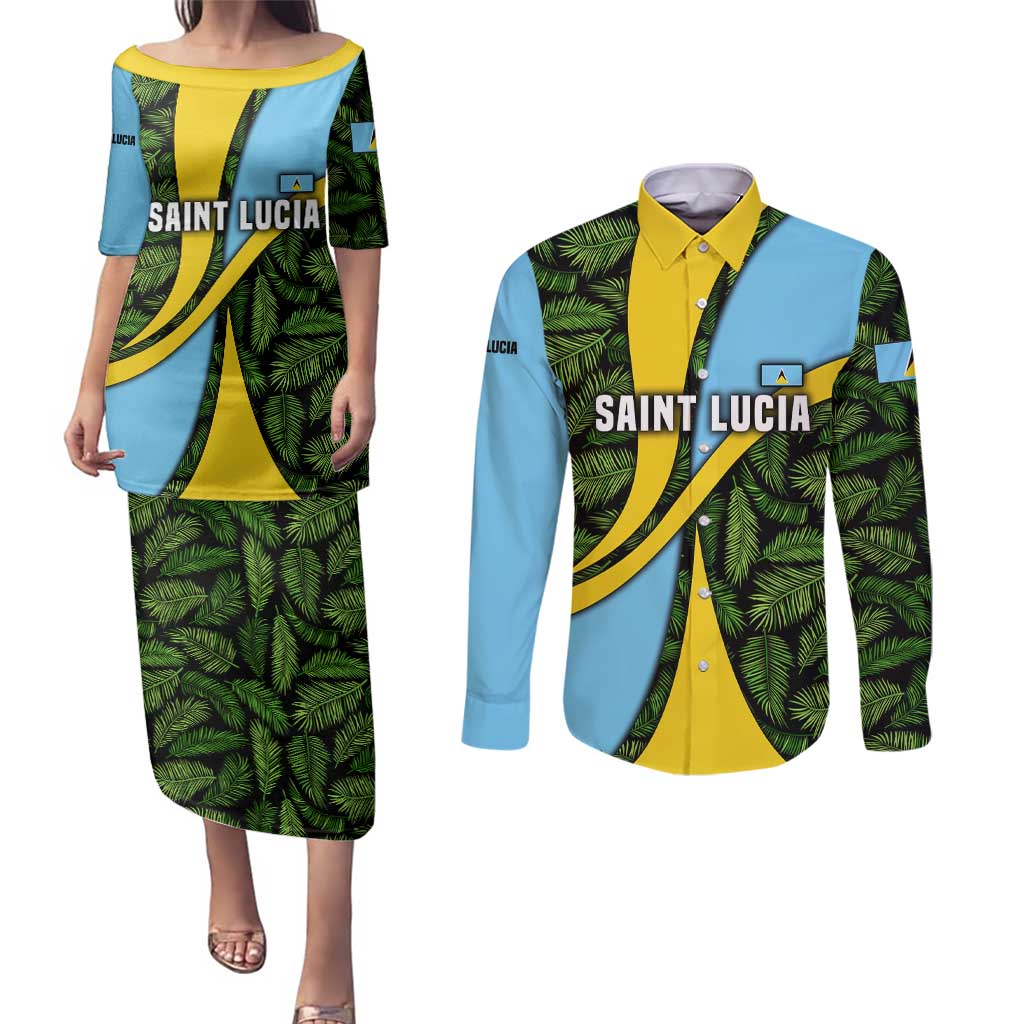 Saint Lucia Parrot Couples Matching Puletasi and Long Sleeve Button Shirt with Tropical Palm Leaf and Flag Color Wave Design - Wonder Print Shop