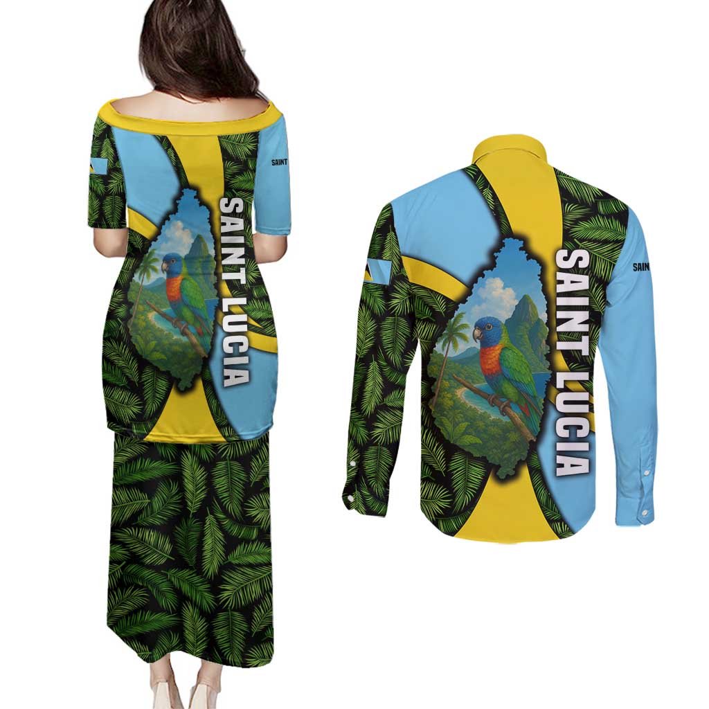 Saint Lucia Parrot Couples Matching Puletasi and Long Sleeve Button Shirt with Tropical Palm Leaf and Flag Color Wave Design - Wonder Print Shop
