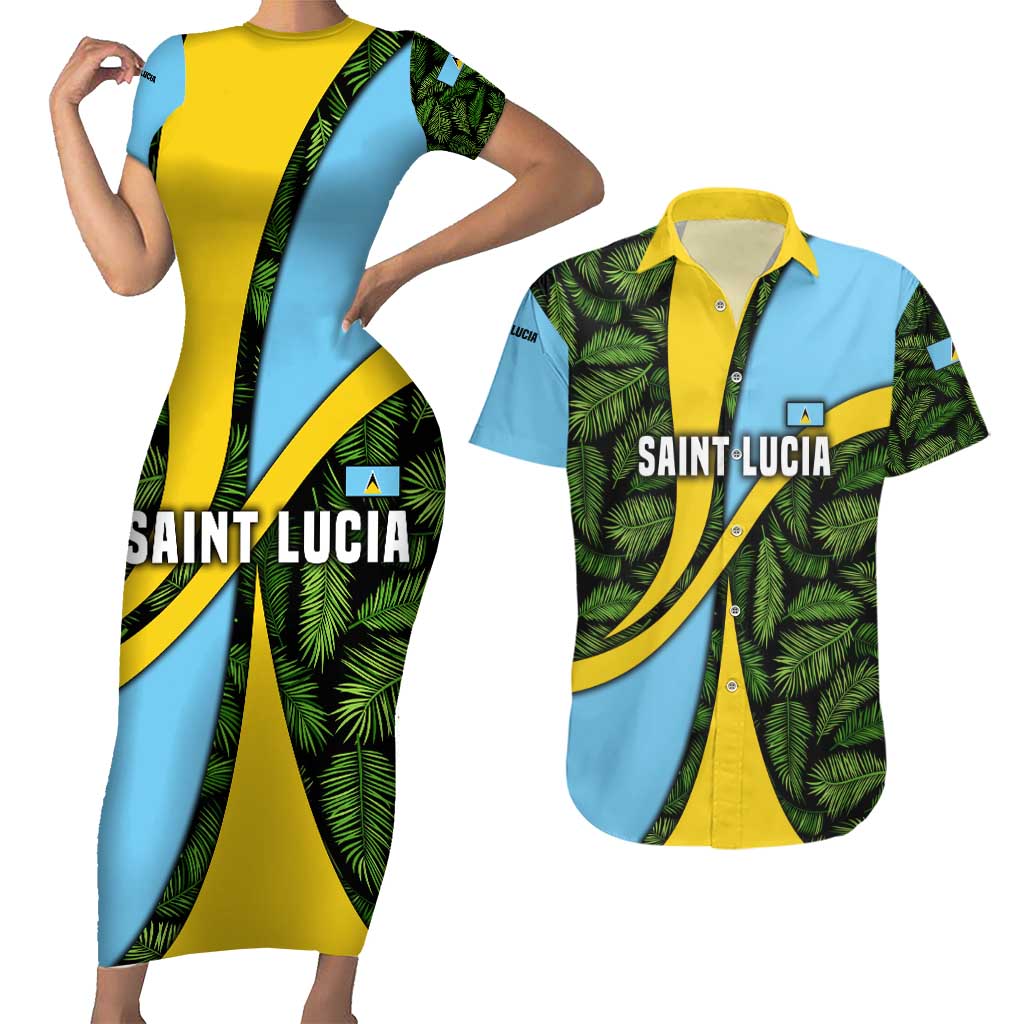 Saint Lucia Parrot Couples Matching Short Sleeve Bodycon Dress and Hawaiian Shirt with Tropical Palm Leaf and Flag Color Wave Design - Wonder Print Shop