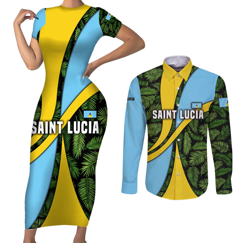 Saint Lucia Parrot Couples Matching Short Sleeve Bodycon Dress and Long Sleeve Button Shirt with Tropical Palm Leaf and Flag Color Wave Design - Wonder Print Shop