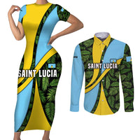 Saint Lucia Parrot Couples Matching Short Sleeve Bodycon Dress and Long Sleeve Button Shirt with Tropical Palm Leaf and Flag Color Wave Design - Wonder Print Shop