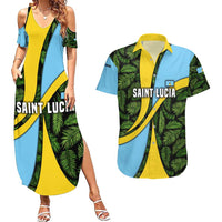 Saint Lucia Parrot Couples Matching Summer Maxi Dress and Hawaiian Shirt with Tropical Palm Leaf and Flag Color Wave Design - Wonder Print Shop