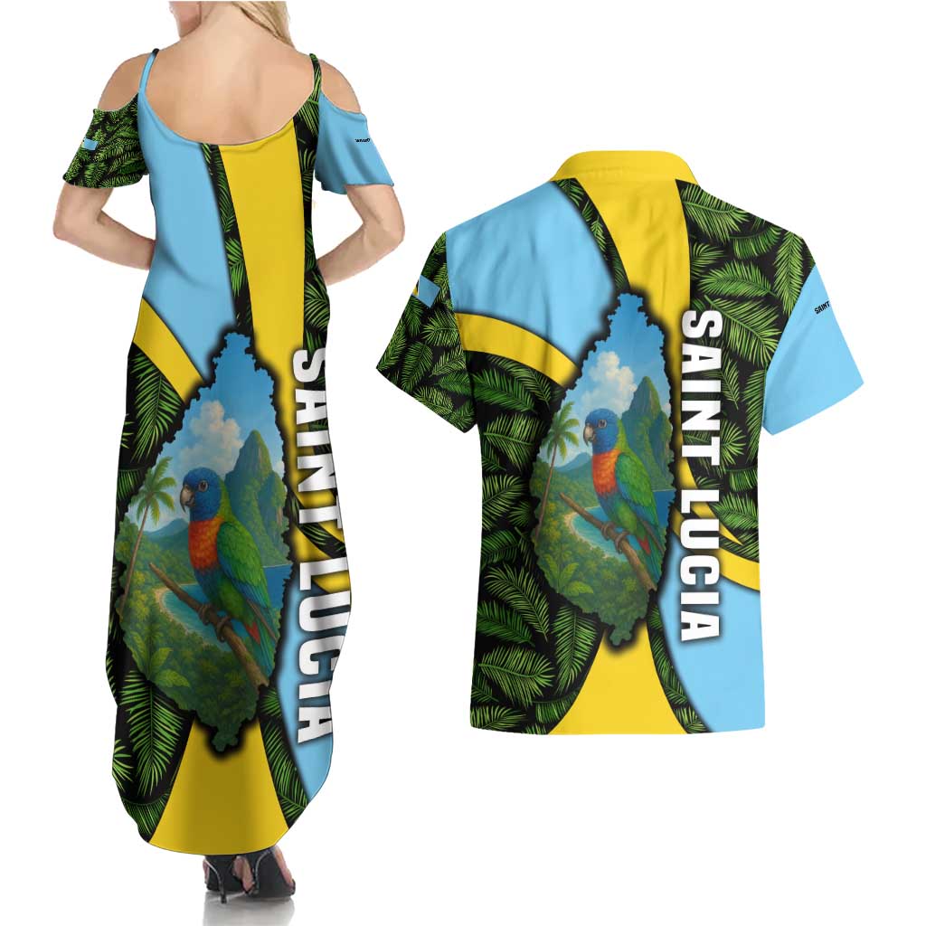 Saint Lucia Parrot Couples Matching Summer Maxi Dress and Hawaiian Shirt with Tropical Palm Leaf and Flag Color Wave Design - Wonder Print Shop
