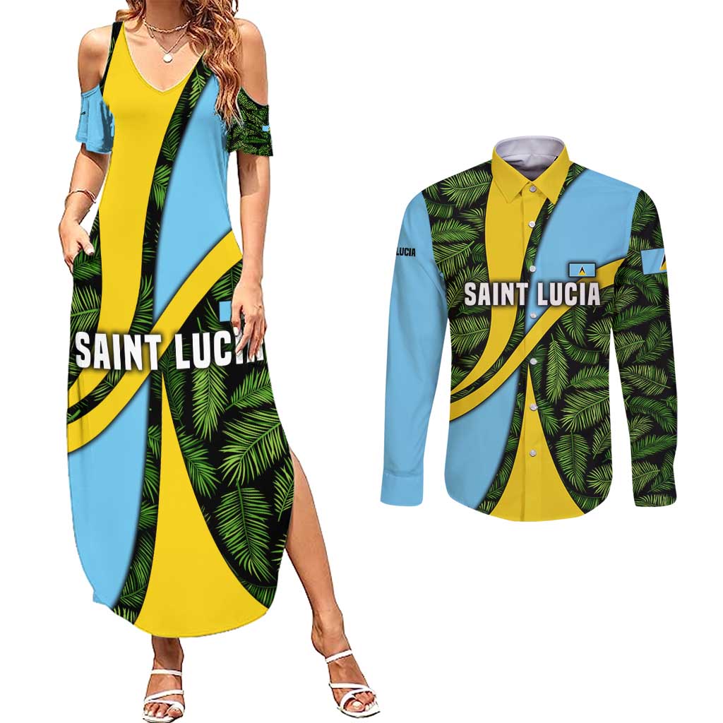 Saint Lucia Parrot Couples Matching Summer Maxi Dress and Long Sleeve Button Shirt with Tropical Palm Leaf and Flag Color Wave Design - Wonder Print Shop