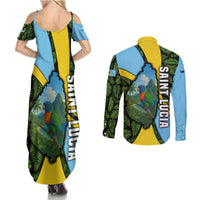 Saint Lucia Parrot Couples Matching Summer Maxi Dress and Long Sleeve Button Shirt with Tropical Palm Leaf and Flag Color Wave Design - Wonder Print Shop