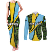 Saint Lucia Parrot Couples Matching Tank Maxi Dress and Long Sleeve Button Shirt with Tropical Palm Leaf and Flag Color Wave Design - Wonder Print Shop