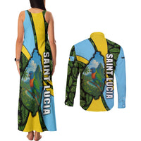 Saint Lucia Parrot Couples Matching Tank Maxi Dress and Long Sleeve Button Shirt with Tropical Palm Leaf and Flag Color Wave Design - Wonder Print Shop