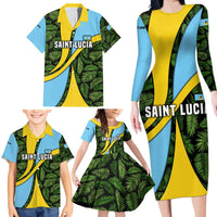 Saint Lucia Parrot Family Matching Long Sleeve Bodycon Dress and Hawaiian Shirt with Tropical Palm Leaf and Flag Color Wave Design - Wonder Print Shop