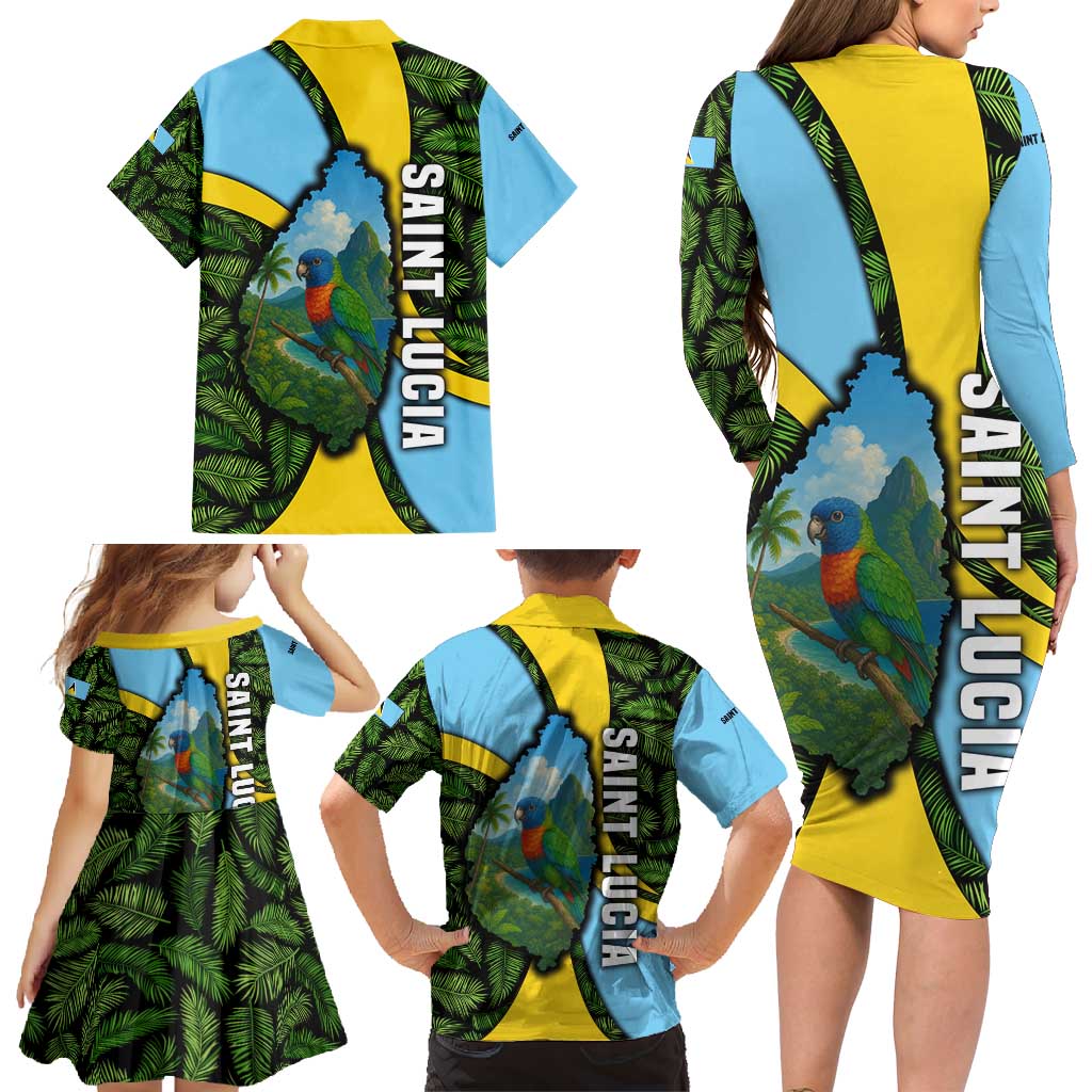 Saint Lucia Parrot Family Matching Long Sleeve Bodycon Dress and Hawaiian Shirt with Tropical Palm Leaf and Flag Color Wave Design - Wonder Print Shop