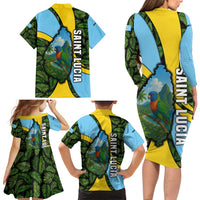 Saint Lucia Parrot Family Matching Long Sleeve Bodycon Dress and Hawaiian Shirt with Tropical Palm Leaf and Flag Color Wave Design - Wonder Print Shop