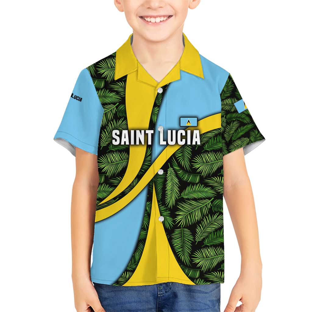 Saint Lucia Parrot Family Matching Long Sleeve Bodycon Dress and Hawaiian Shirt with Tropical Palm Leaf and Flag Color Wave Design - Wonder Print Shop