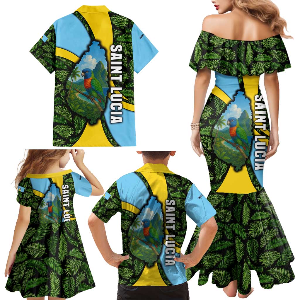 Saint Lucia Parrot Family Matching Mermaid Dress and Hawaiian Shirt with Tropical Palm Leaf and Flag Color Wave Design - Wonder Print Shop