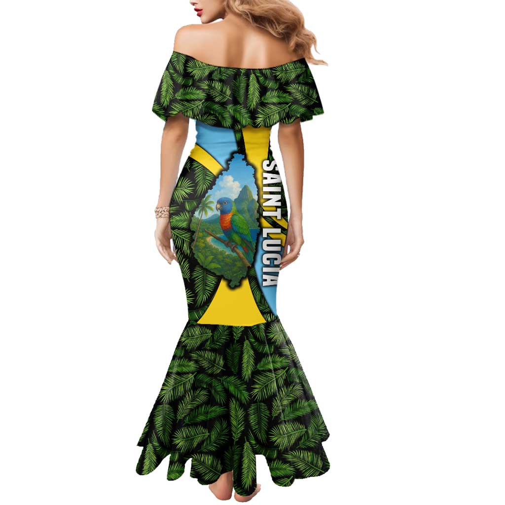 Saint Lucia Parrot Family Matching Mermaid Dress and Hawaiian Shirt with Tropical Palm Leaf and Flag Color Wave Design - Wonder Print Shop