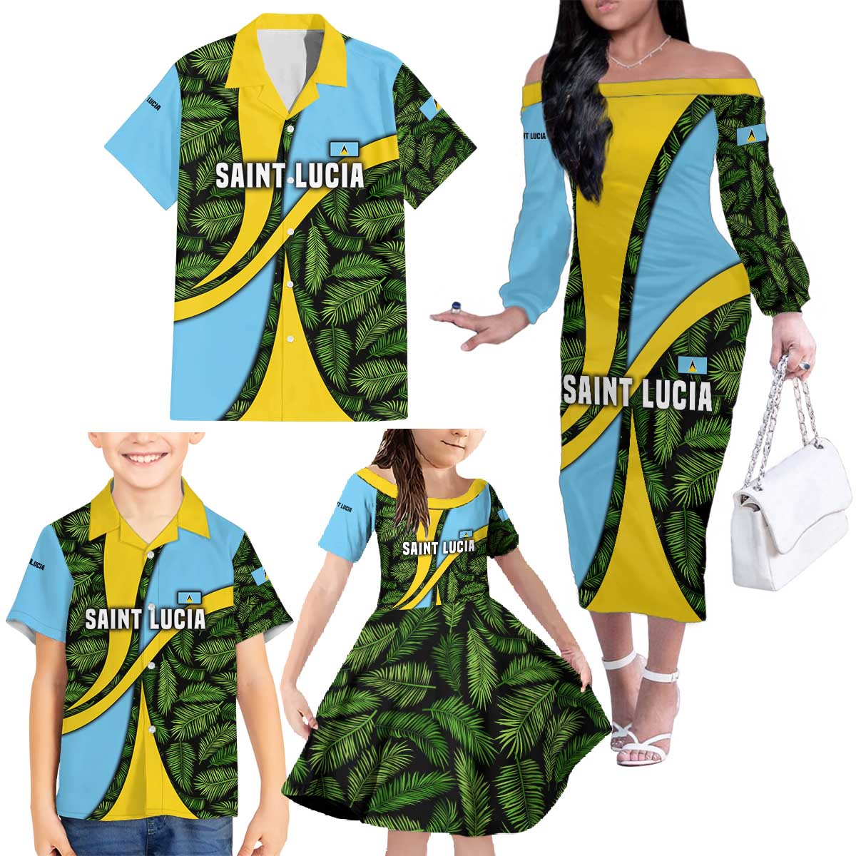 Saint Lucia Parrot Family Matching Off The Shoulder Long Sleeve Dress and Hawaiian Shirt with Tropical Palm Leaf and Flag Color Wave Design - Wonder Print Shop