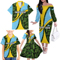 Saint Lucia Parrot Family Matching Off The Shoulder Long Sleeve Dress and Hawaiian Shirt with Tropical Palm Leaf and Flag Color Wave Design - Wonder Print Shop