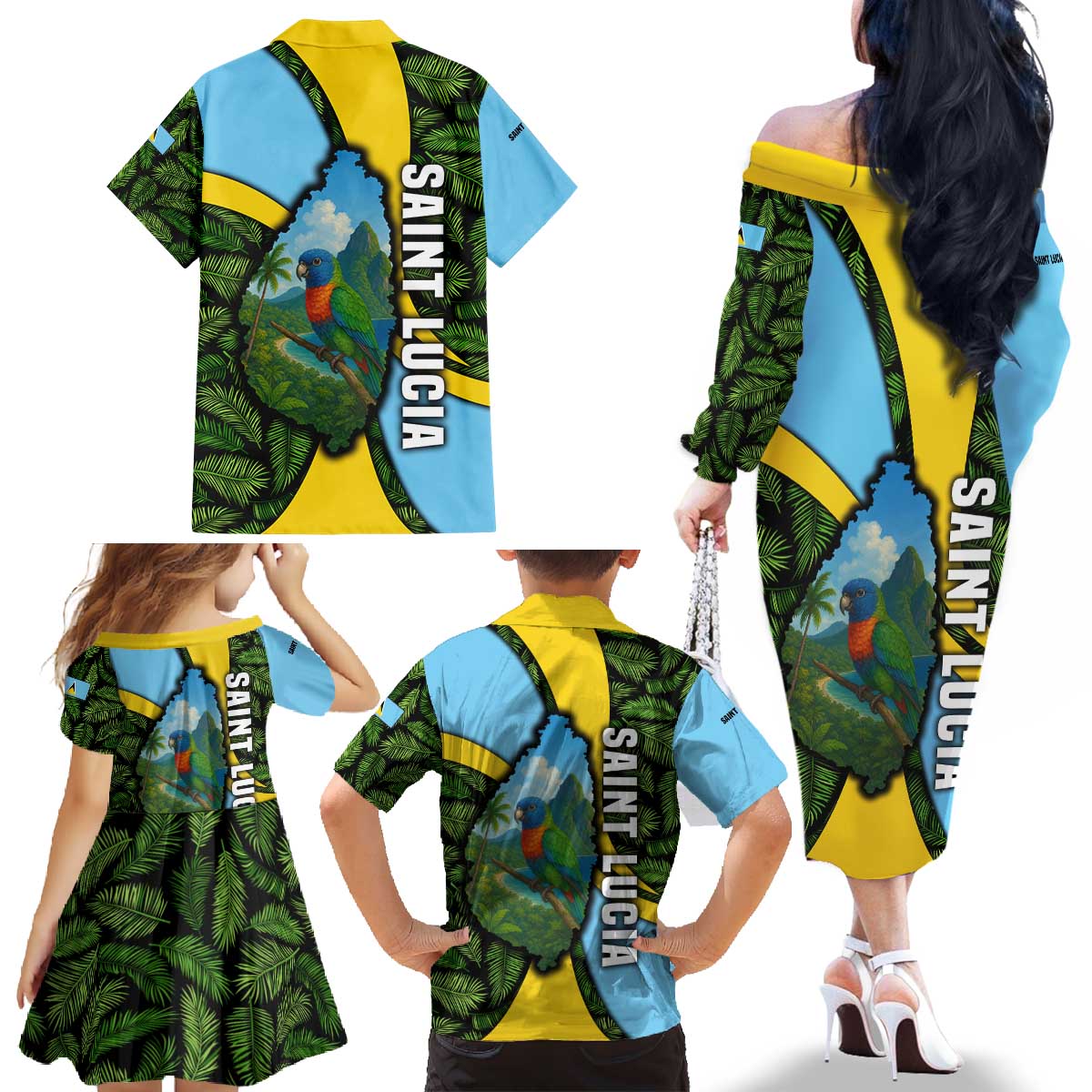 Saint Lucia Parrot Family Matching Off The Shoulder Long Sleeve Dress and Hawaiian Shirt with Tropical Palm Leaf and Flag Color Wave Design - Wonder Print Shop