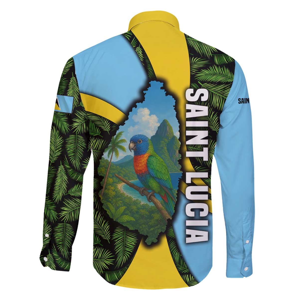 Saint Lucia Parrot Family Matching Off The Shoulder Long Sleeve Dress and Hawaiian Shirt with Tropical Palm Leaf and Flag Color Wave Design - Wonder Print Shop