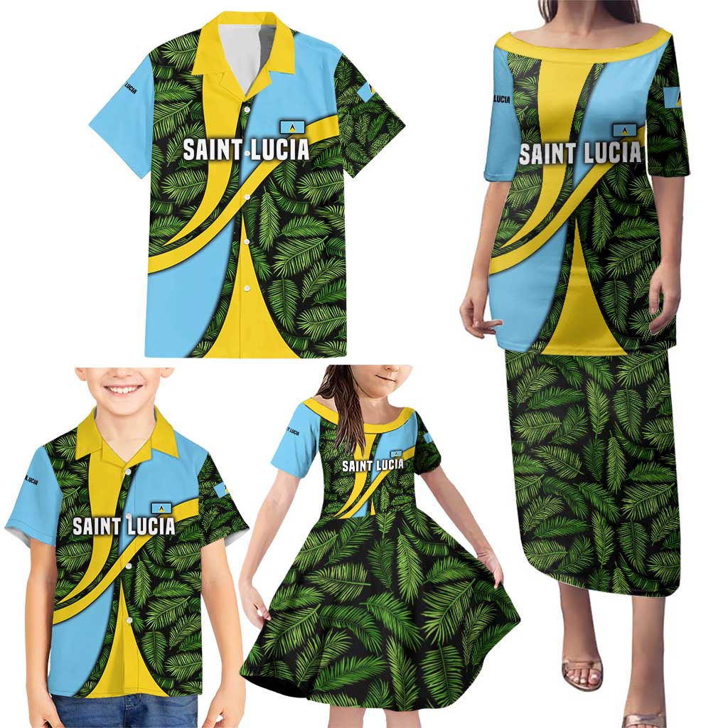 Saint Lucia Parrot Family Matching Puletasi and Hawaiian Shirt with Tropical Palm Leaf and Flag Color Wave Design - Wonder Print Shop