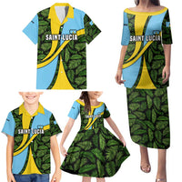 Saint Lucia Parrot Family Matching Puletasi and Hawaiian Shirt with Tropical Palm Leaf and Flag Color Wave Design - Wonder Print Shop