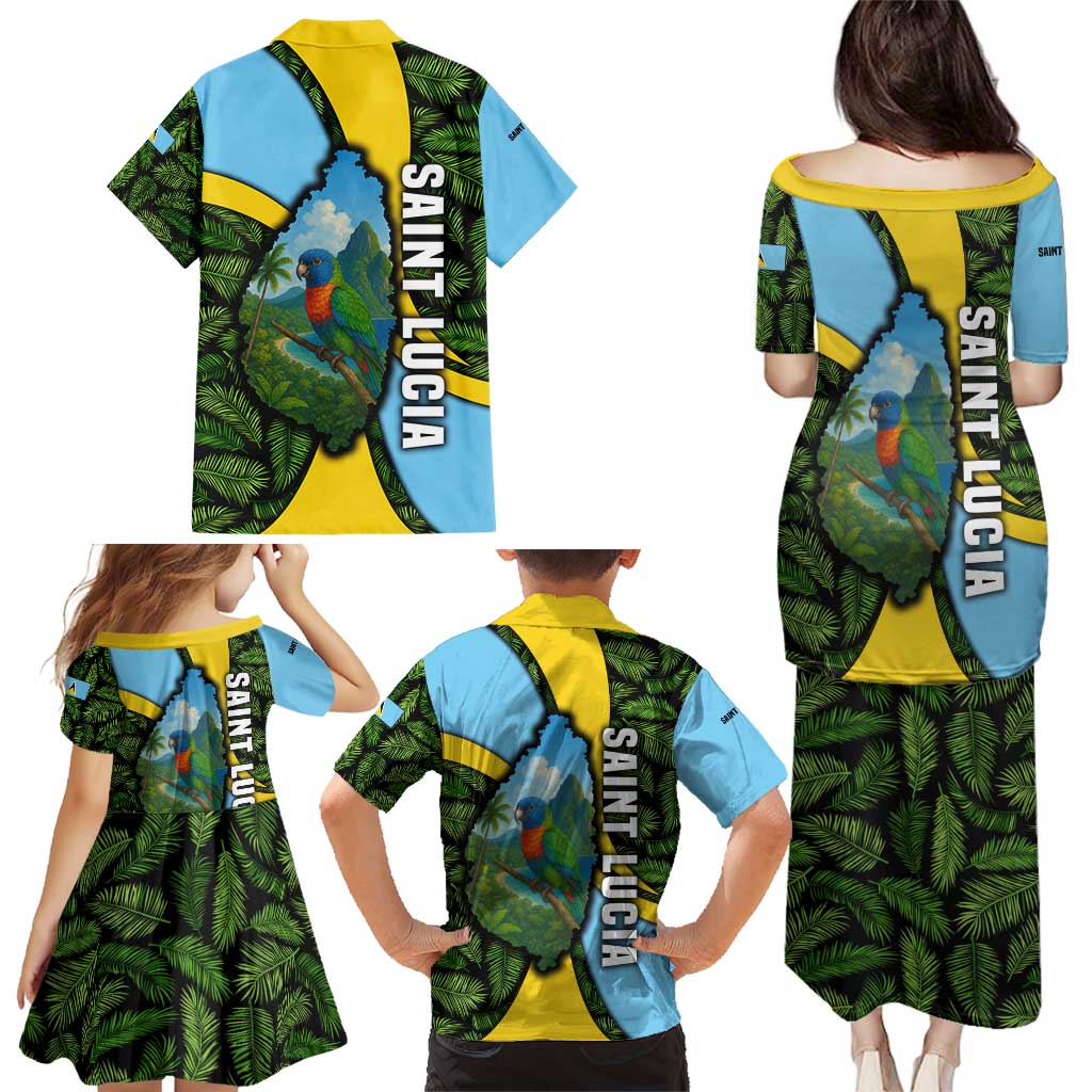 Saint Lucia Parrot Family Matching Puletasi and Hawaiian Shirt with Tropical Palm Leaf and Flag Color Wave Design - Wonder Print Shop