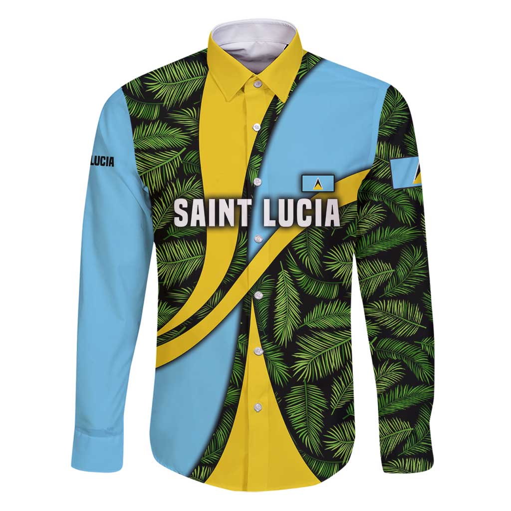 Saint Lucia Parrot Family Matching Puletasi and Hawaiian Shirt with Tropical Palm Leaf and Flag Color Wave Design - Wonder Print Shop