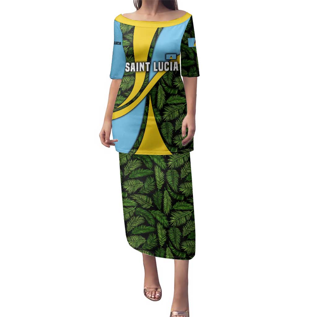 Saint Lucia Parrot Family Matching Puletasi and Hawaiian Shirt with Tropical Palm Leaf and Flag Color Wave Design - Wonder Print Shop