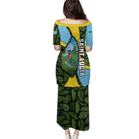 Saint Lucia Parrot Family Matching Puletasi and Hawaiian Shirt with Tropical Palm Leaf and Flag Color Wave Design - Wonder Print Shop