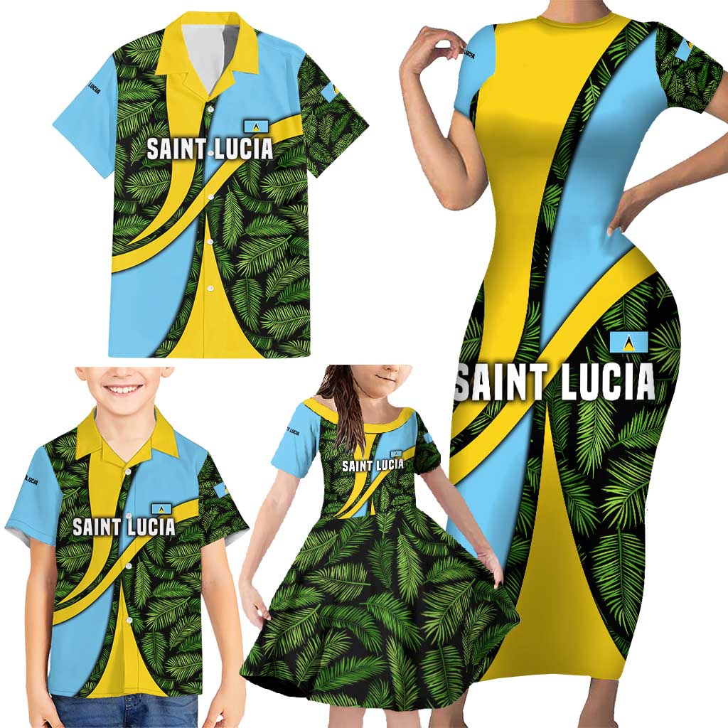 Saint Lucia Parrot Family Matching Short Sleeve Bodycon Dress and Hawaiian Shirt with Tropical Palm Leaf and Flag Color Wave Design - Wonder Print Shop