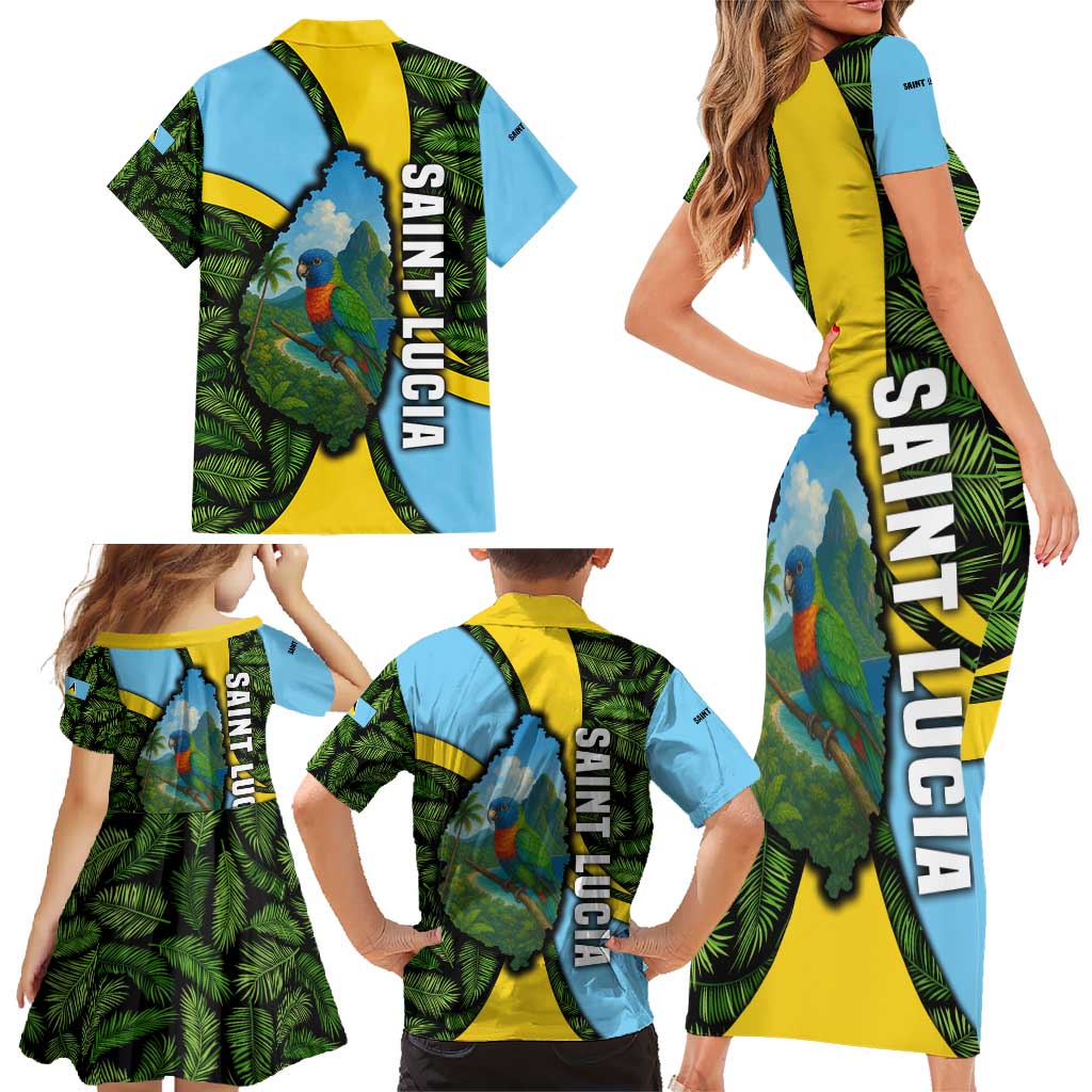 Saint Lucia Parrot Family Matching Short Sleeve Bodycon Dress and Hawaiian Shirt with Tropical Palm Leaf and Flag Color Wave Design - Wonder Print Shop