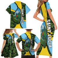 Saint Lucia Parrot Family Matching Short Sleeve Bodycon Dress and Hawaiian Shirt with Tropical Palm Leaf and Flag Color Wave Design - Wonder Print Shop